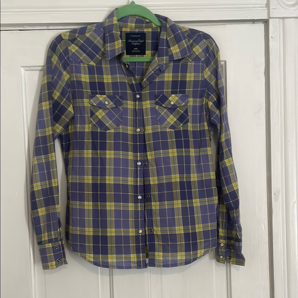 American Eagle Outfitters Blue and Yellow Button Down Shirt